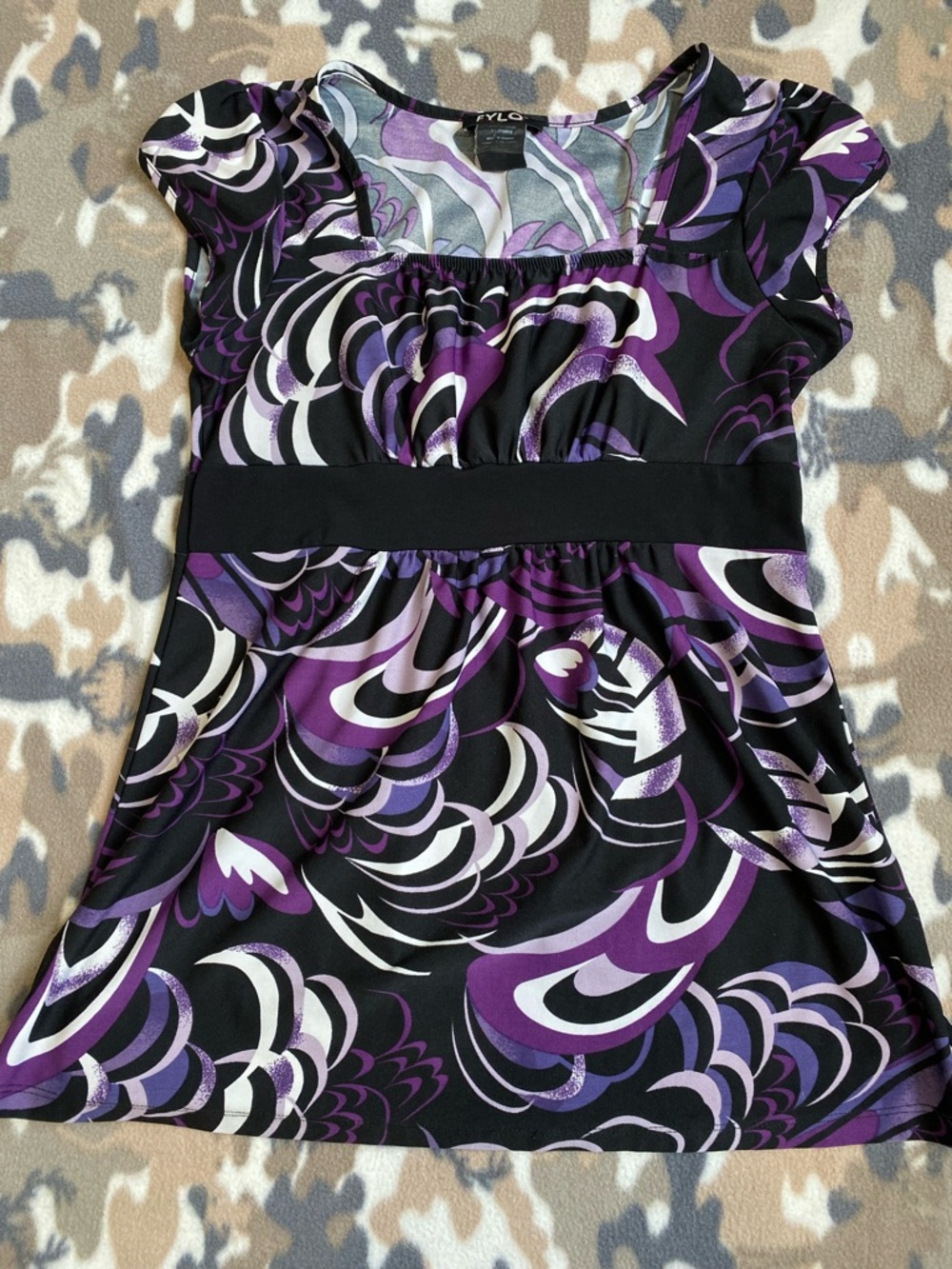 FYLO Y2K Purple Abstract Geometric Tunic Top Empire Waist Babydoll Blouse Medium